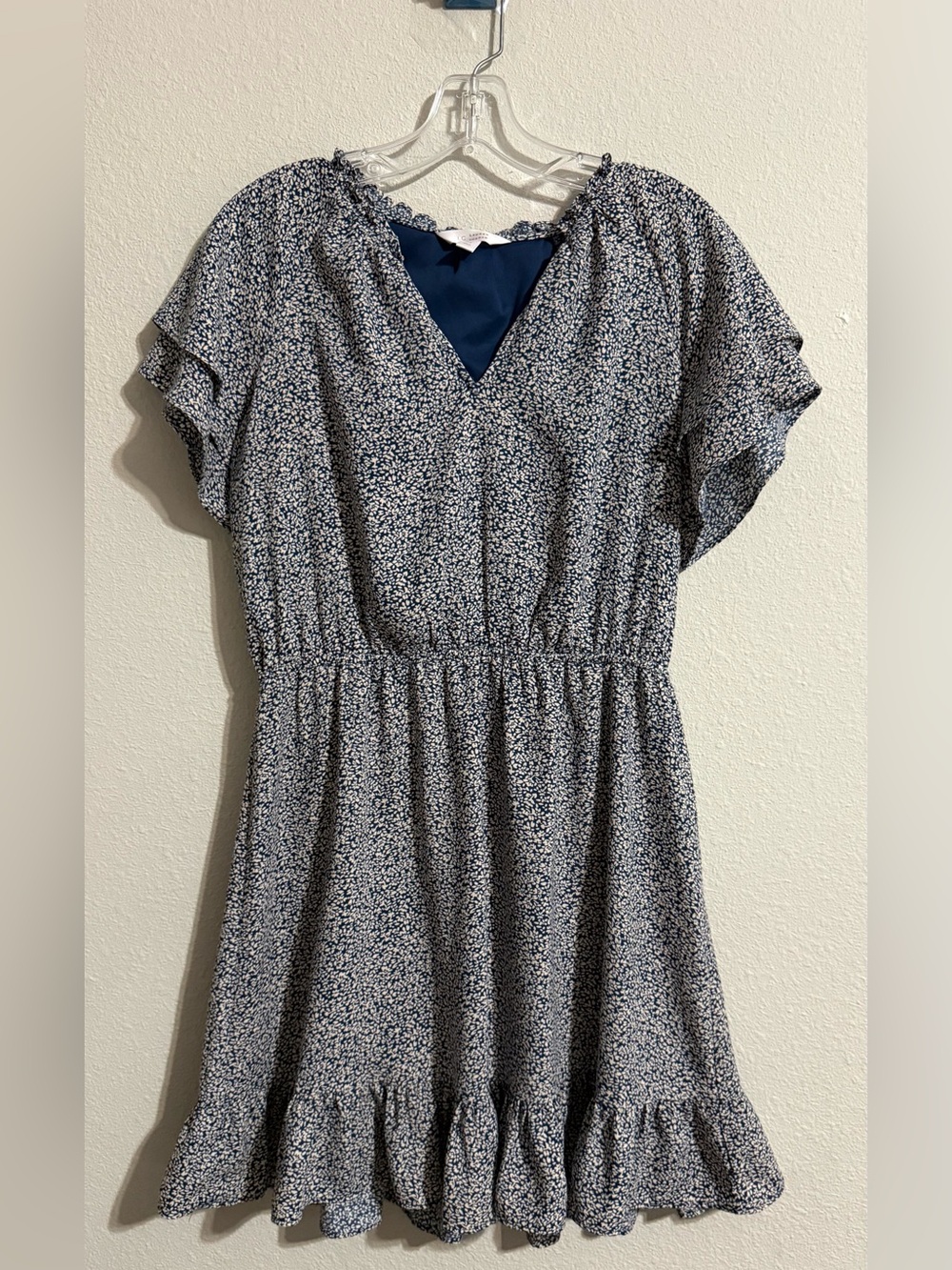 LC Lauren Conrad Navy Micro-Print Flutter Sleeve Dress
